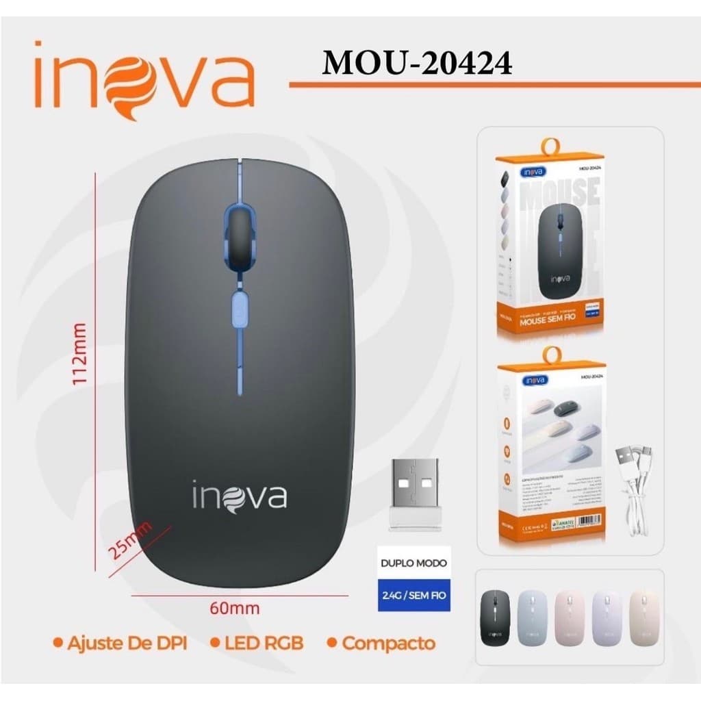 Mouse Sem Fio Com Led Recarregavel  (bluetooth,2.4gbUSB) inova/kapbom