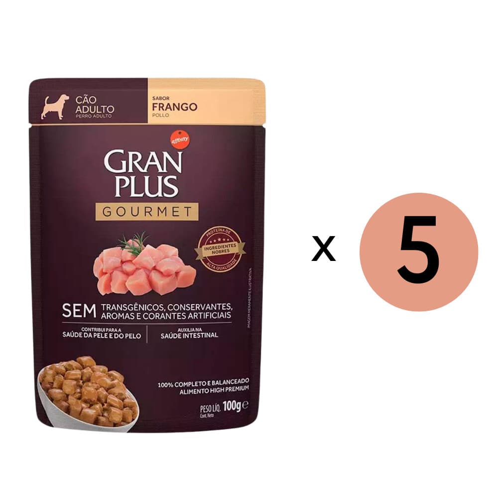 Kit 5 Ração Úmida Gran Plus Gourmet Cães Adultos Frango Sachê 100Gr