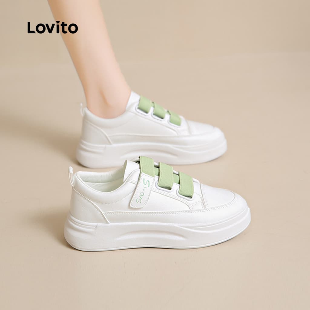 Lovito  Tênis Casual Branco Tênis Esportivos Colorblock Verdes Versáteis para Mulheres LFA112067