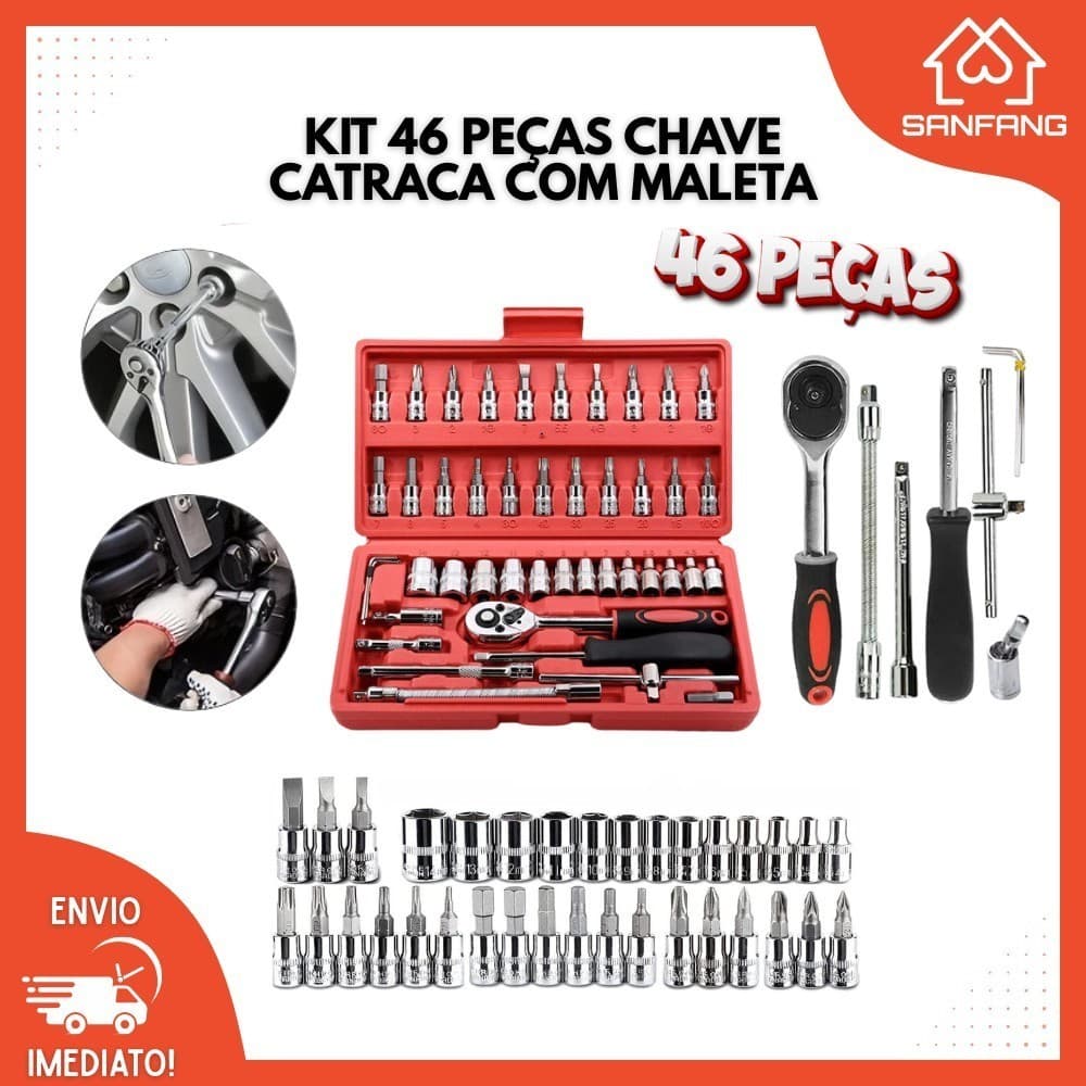 Kit de Ferramentas 46 Peças Completo: Chave Catraca Reversível, Soquetes – Caixa de Armazenamento para Desmontagem