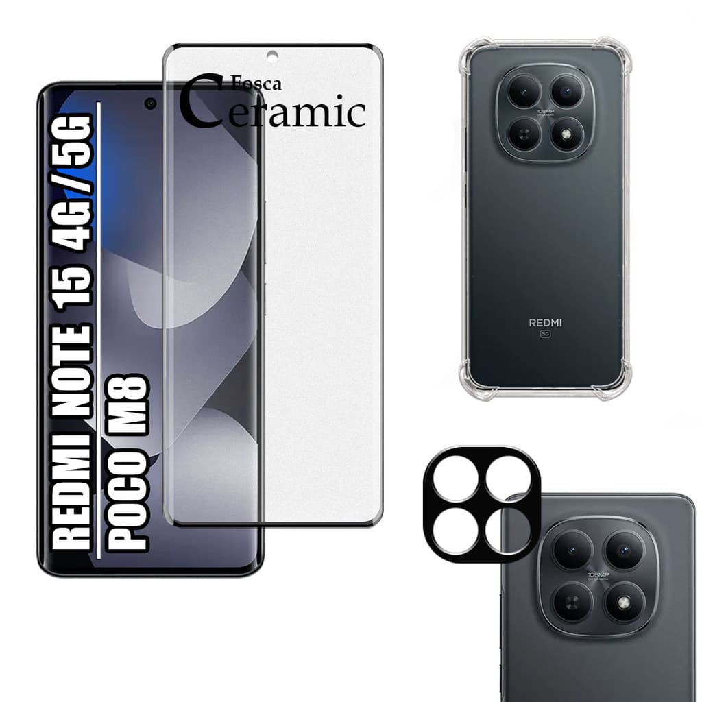 KIT Para Redmi Note 15 4G/5G | Poco M8 - Película Fosca de Cerâmica 9D + Capa + Câmera