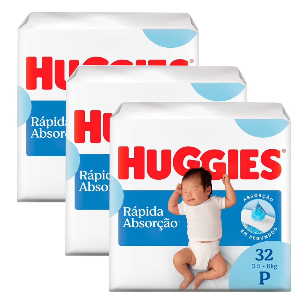Kit 3 Fralda Huggies Rápida Absorção Tamanho P Pacote Jumbo 32 Unidades Descartáveis