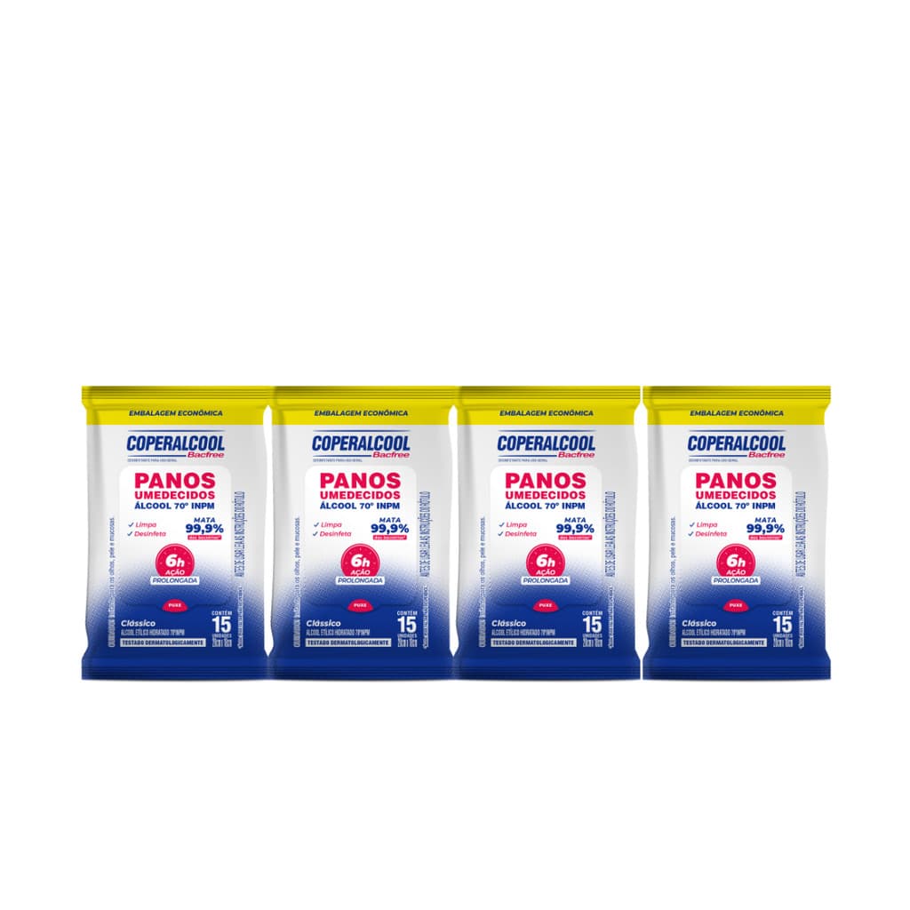 Kit 04 Pacotes de Lenços Umedecidos Clássico com Álcool 15 Lenços cada Coperalcool