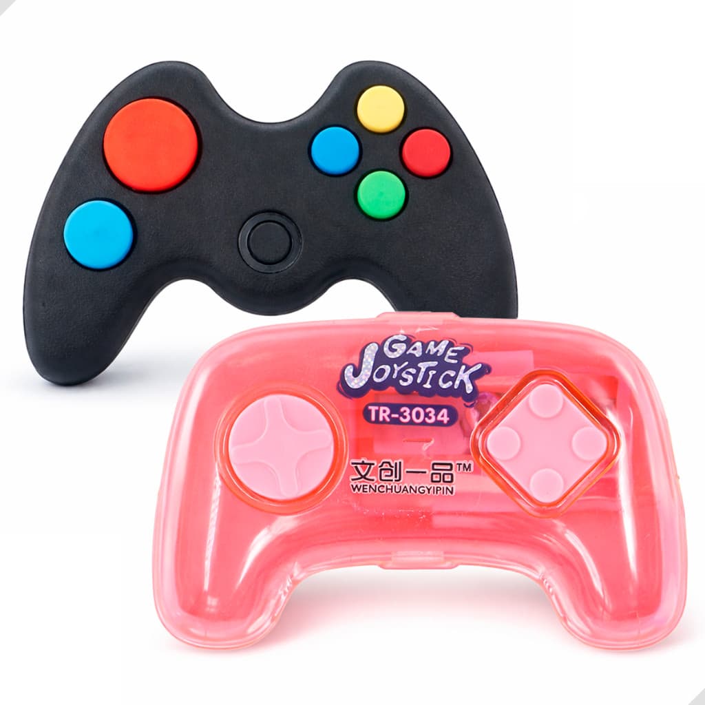 Kit 3 Borracha e Apontador com Depósito Joystick Controle de Video Game Colorido Escolar