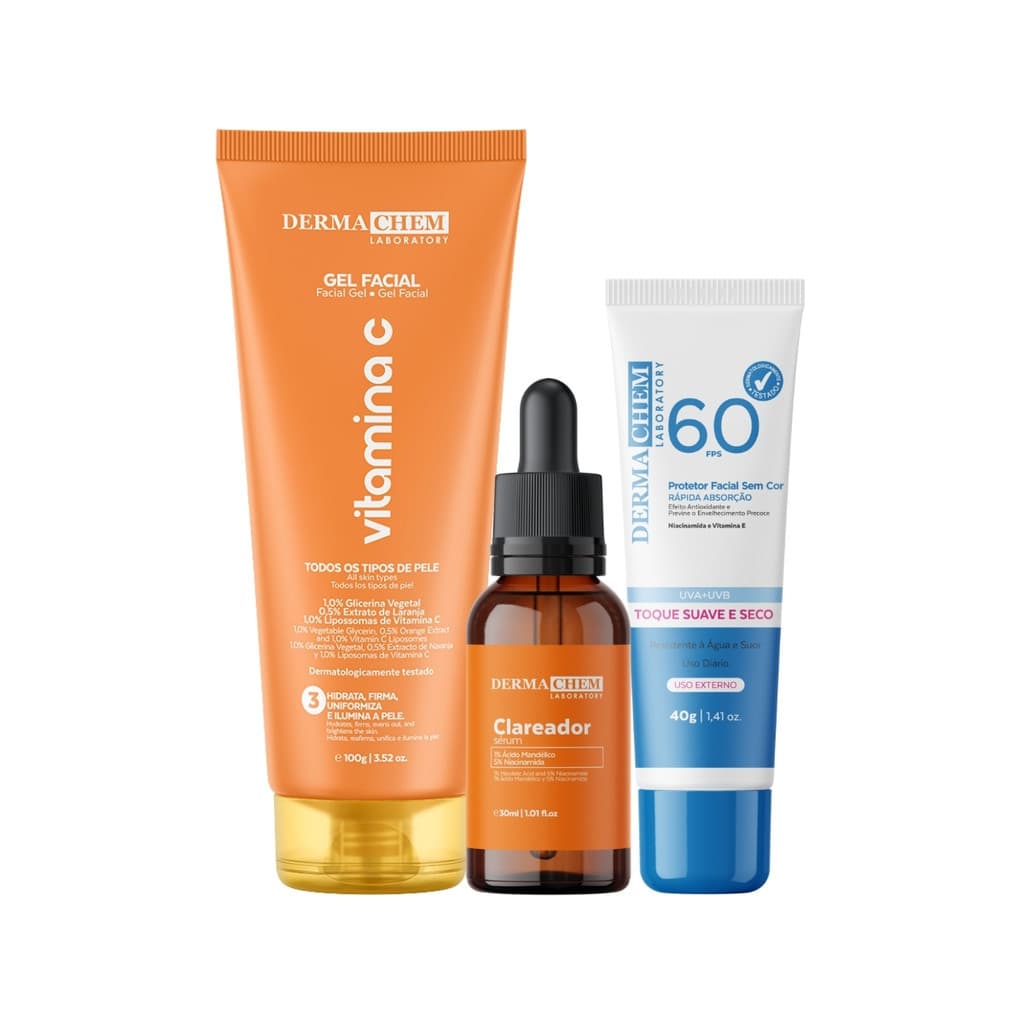Kit SkinCare Dermachem Cuidado Facial Vitamina C Clareador todos os Tipos de Pele Gel Serum Protetor
