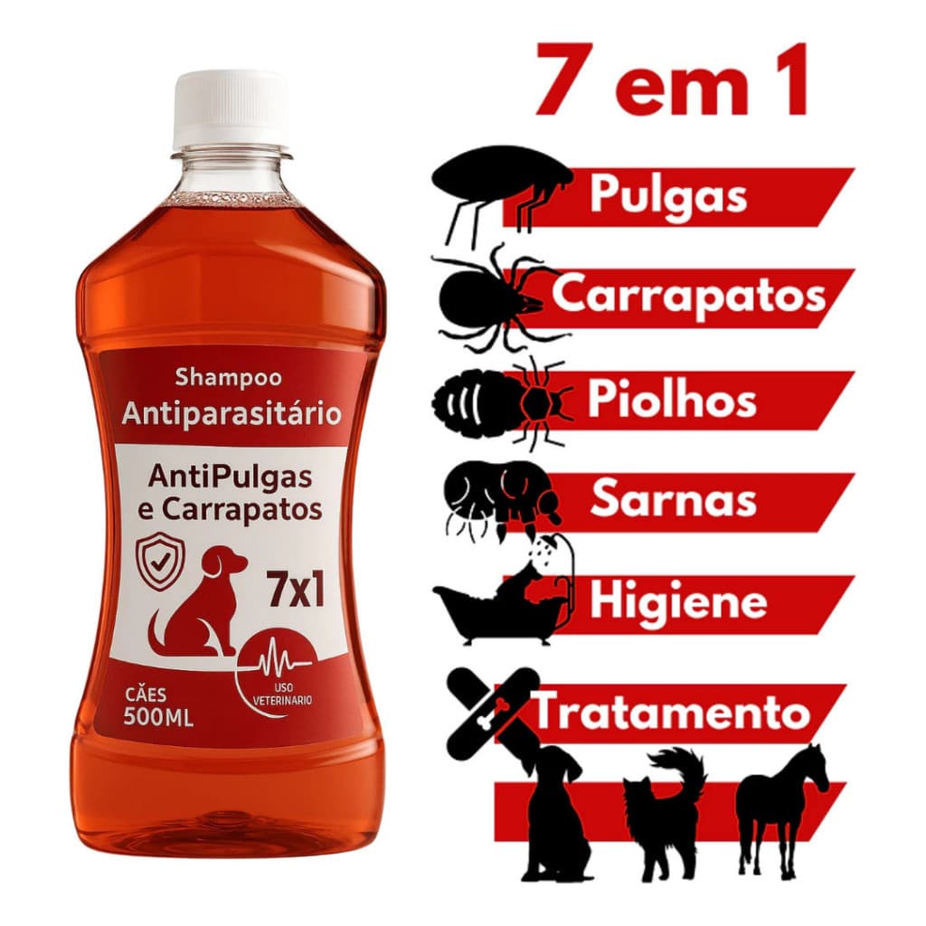 Shampoo e Condicionador 7 Em 1 Pet Seven 500ml Anti Pulgas Carrapatos e Sarna Para Cães