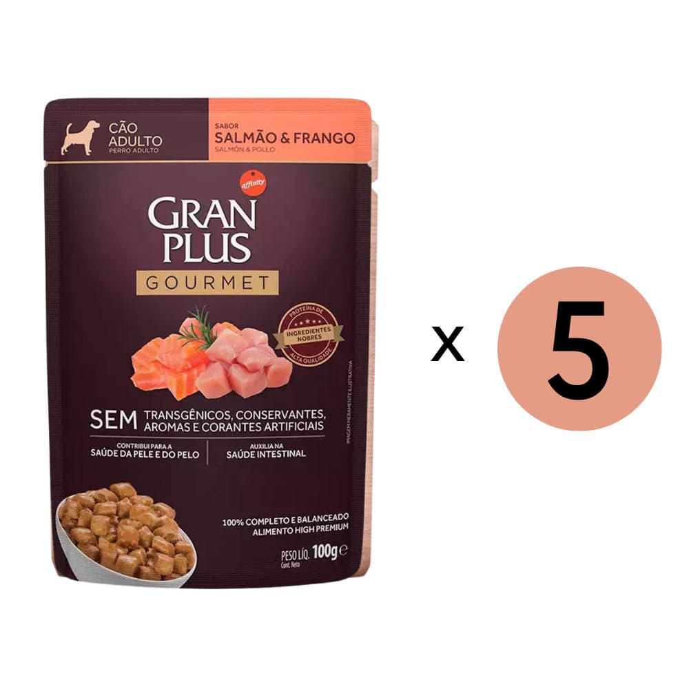 Kit 5 Ração Úmida Gran Plus Gourmet Cães Adultos Salmao Frango Sachê 100Gr