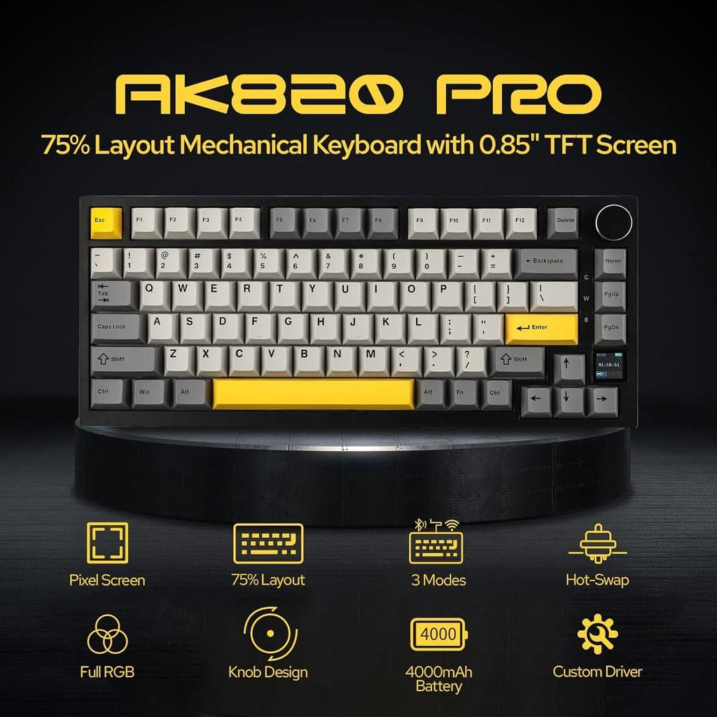 AJAZZ AK820PRO Teclado Mecânico De Montagem Em Junta Hot Swap 75 % Com Tela TFT , 4000mAh BT/2.4G/LED Voltado Para O Sul