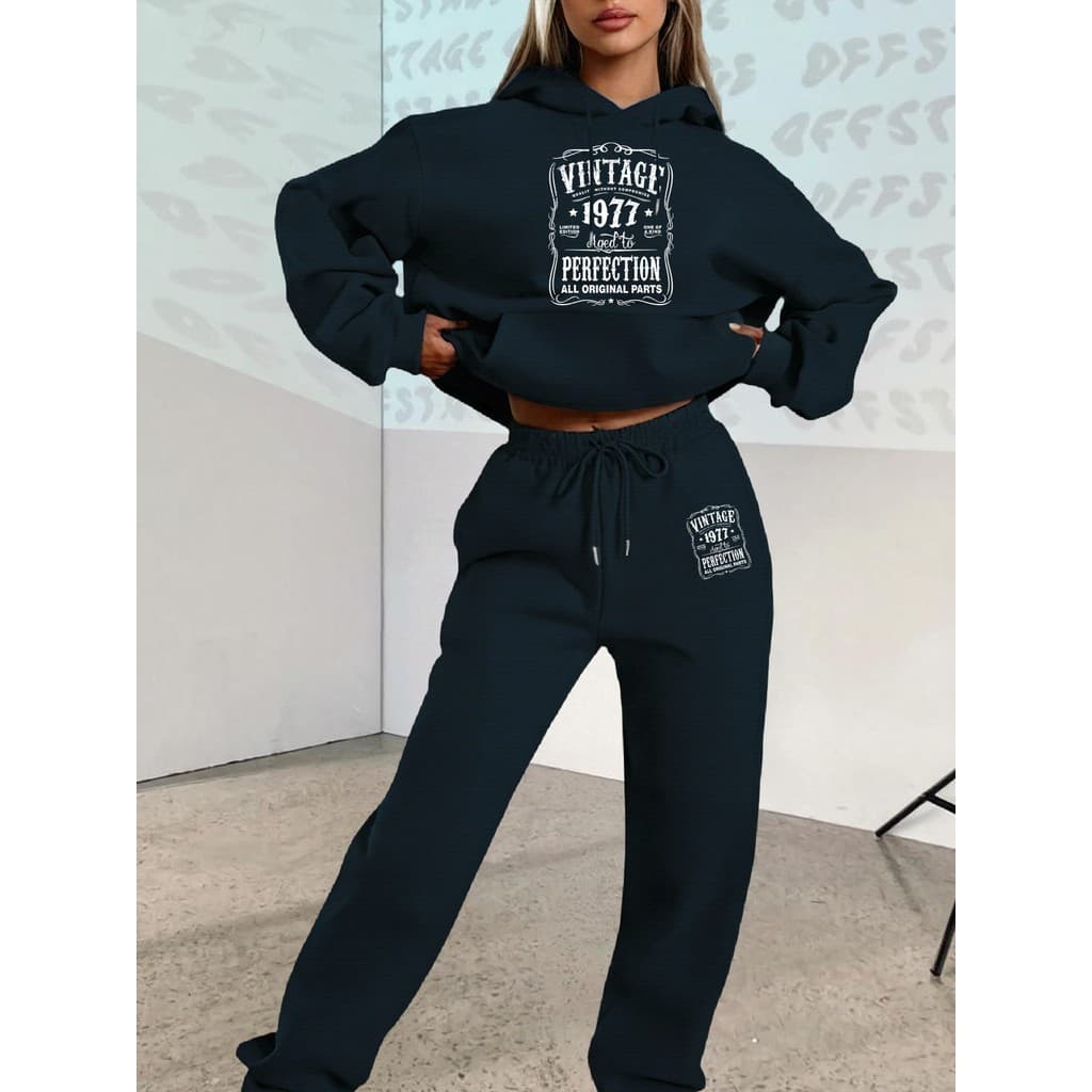 Conjunto de Terno Estampado Monograma Estilo Retrô,Conjunto de Moletom Frio de Manga Longa
