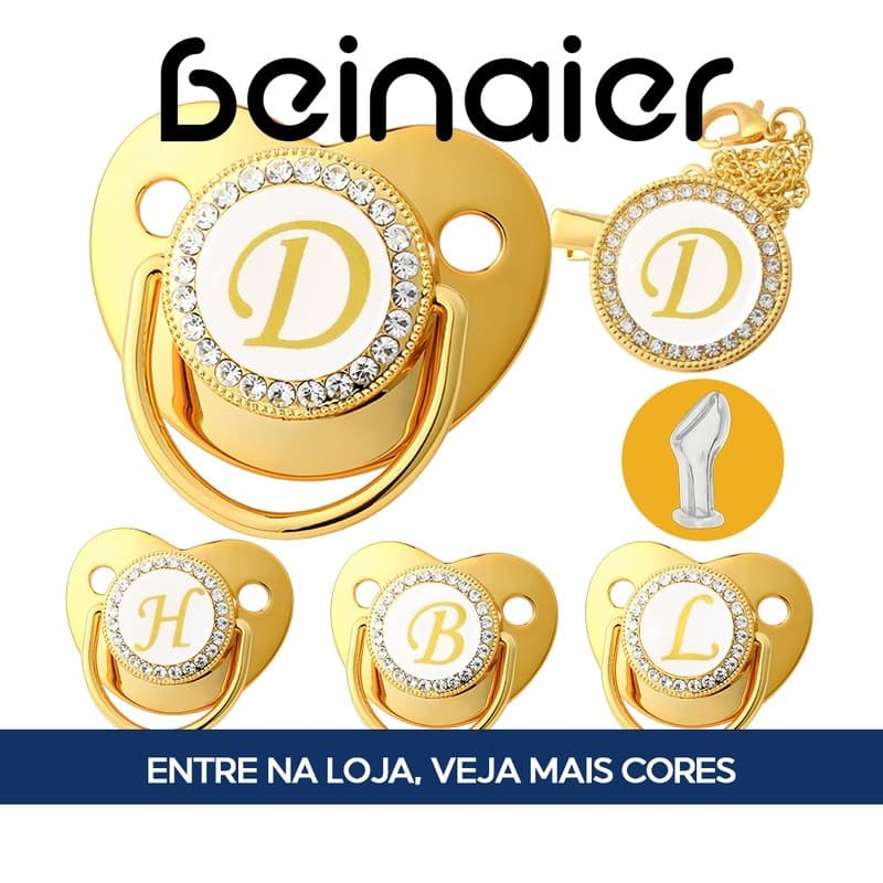 Chupeta dourada para bebê com 26 letras, adequada para bebês de 0 a 6 meses/18 meses.