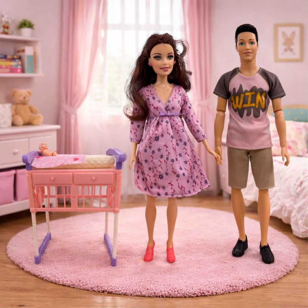 Casal Boneca Grávida Articulada Com Bebê Barriga Gestante