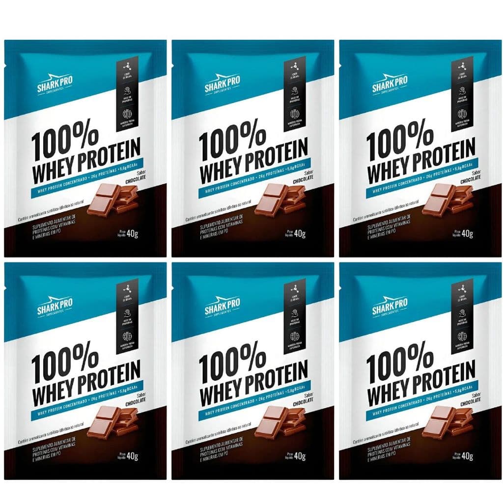 Kit 6 Sache 100% Whey Protein 40g Chocolate 26g Proteina Shark Pro