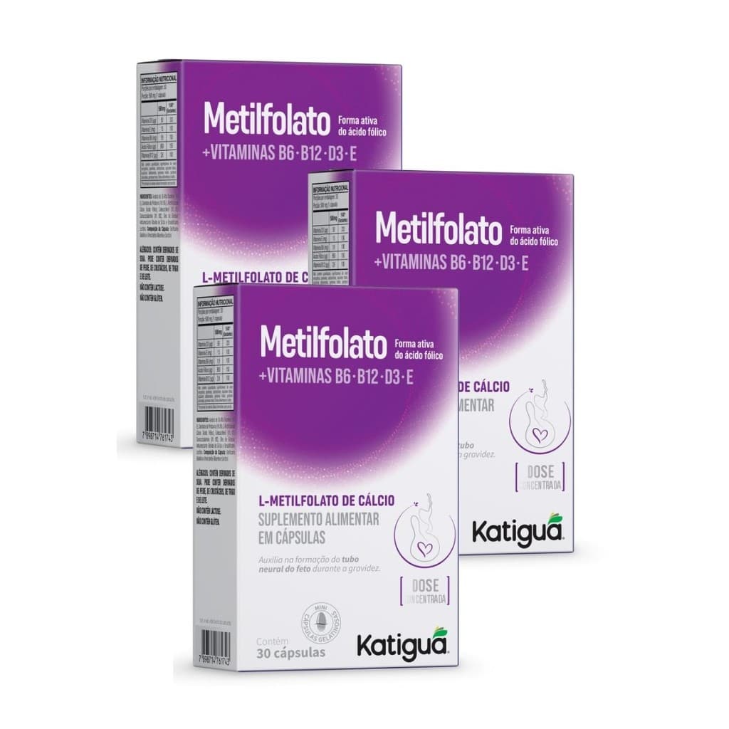 Kit com 3 Metilfolato+Vitamina B12+Ácido Fólico+Vitamina D3+Vitamina B6 e Vitamina E 30 Caps 3 Potes