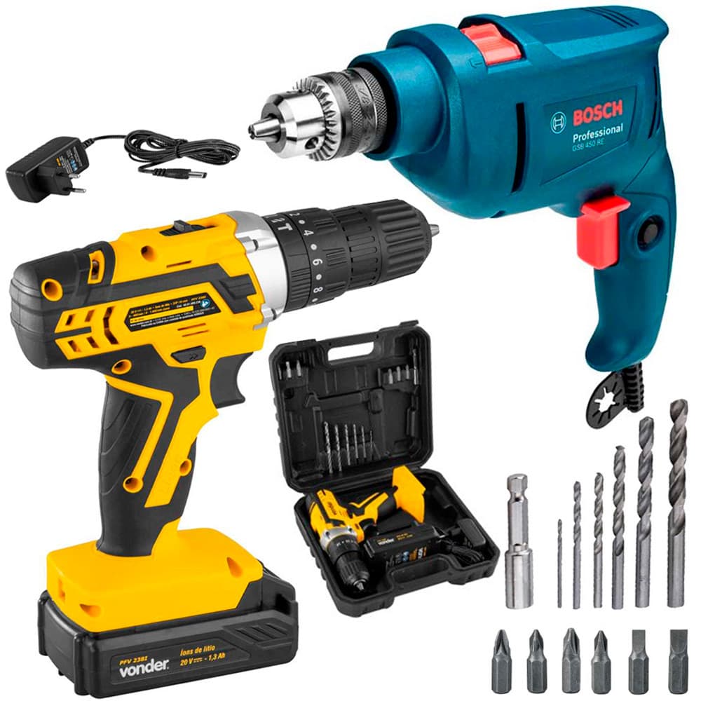 Kit Parafusadeira Furadeira de Impacto Bosch e Parafusadeira de Impacto Vonder com Acessórios