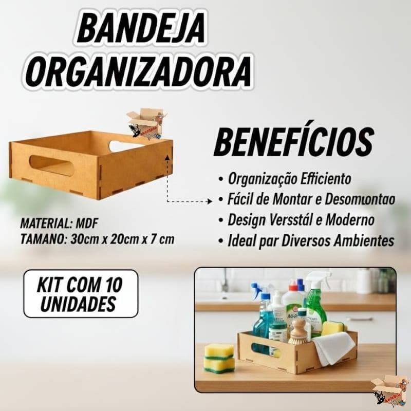 Kit 10 Bandeja Lisa 30x20x7 MDF Para Organização Limpeza Multiuso Multifuncional Cozinha Lavanderia