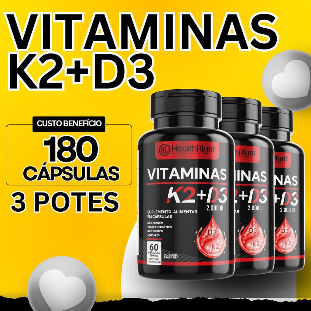 Vitamina K2 MK7 + Vitamina D3 Colecalciferol Suplemento 60 Cápsulas Suporte Ósseo