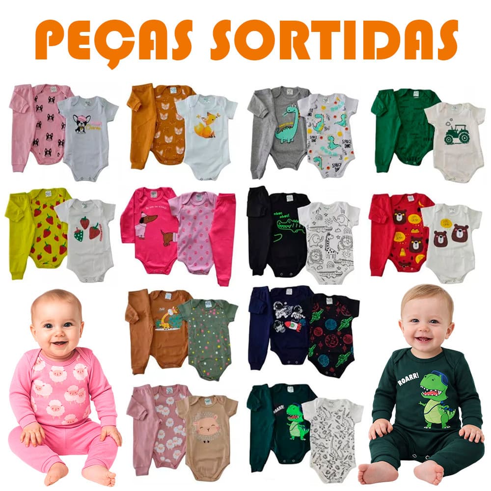 Kit 3 Peças Sortido Body de Bebê Menino Menina Roupa de Inverno Manga Longa e Curta Conjunto Para Bebê Tamanho RN ao GG