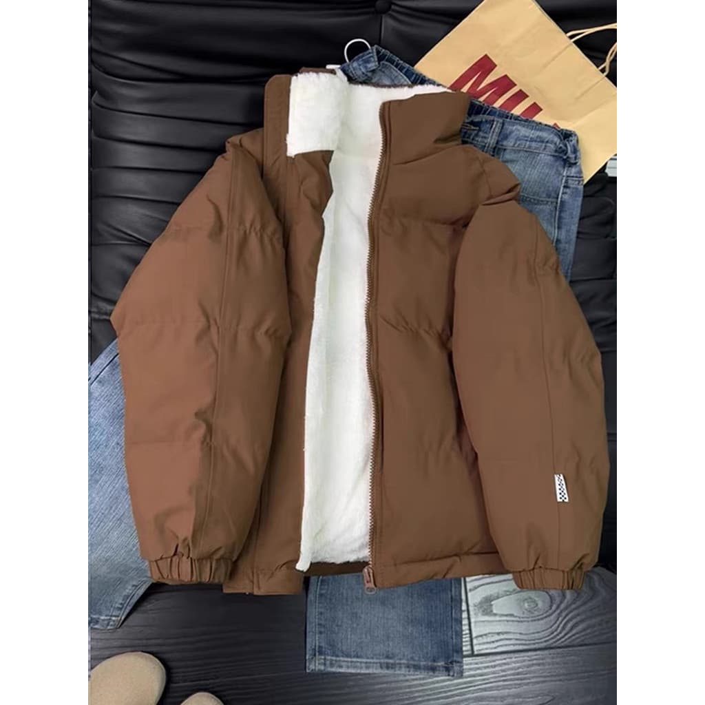 Jaqueta acolchoada de lã de cordeiro marrom com gola alta, jaqueta masculina de inverno espessada para pão, jaqueta curt