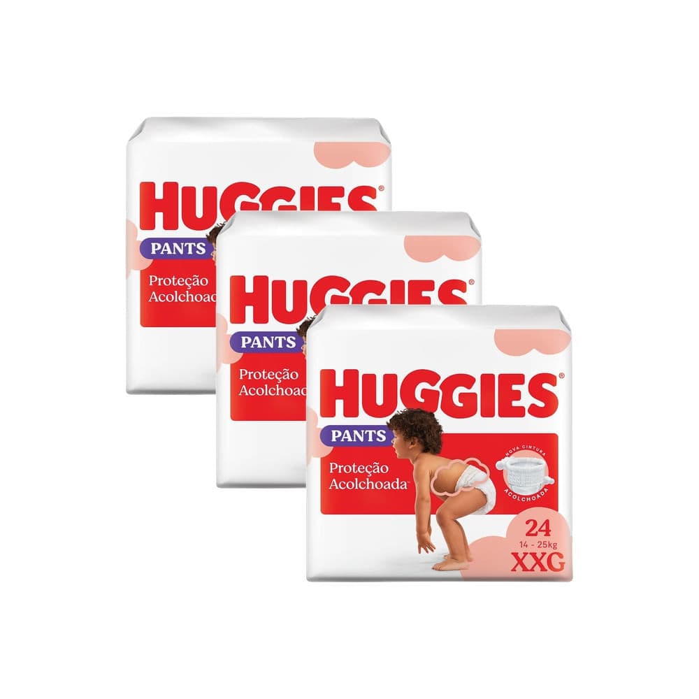 Kit 3 Fralda Huggies Pants Roupinha Proteção Acolchoada Tamanho XXG Pacote Mega 24 Unidades Descartáveis