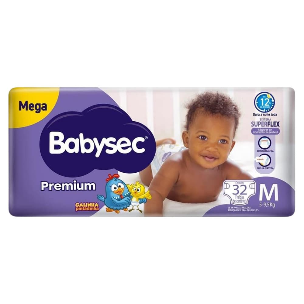 Econômico Fralda BabySec Premium Galinha Pintadinha Mega M c/32un –Super Absorção + Ajuste Perfeito