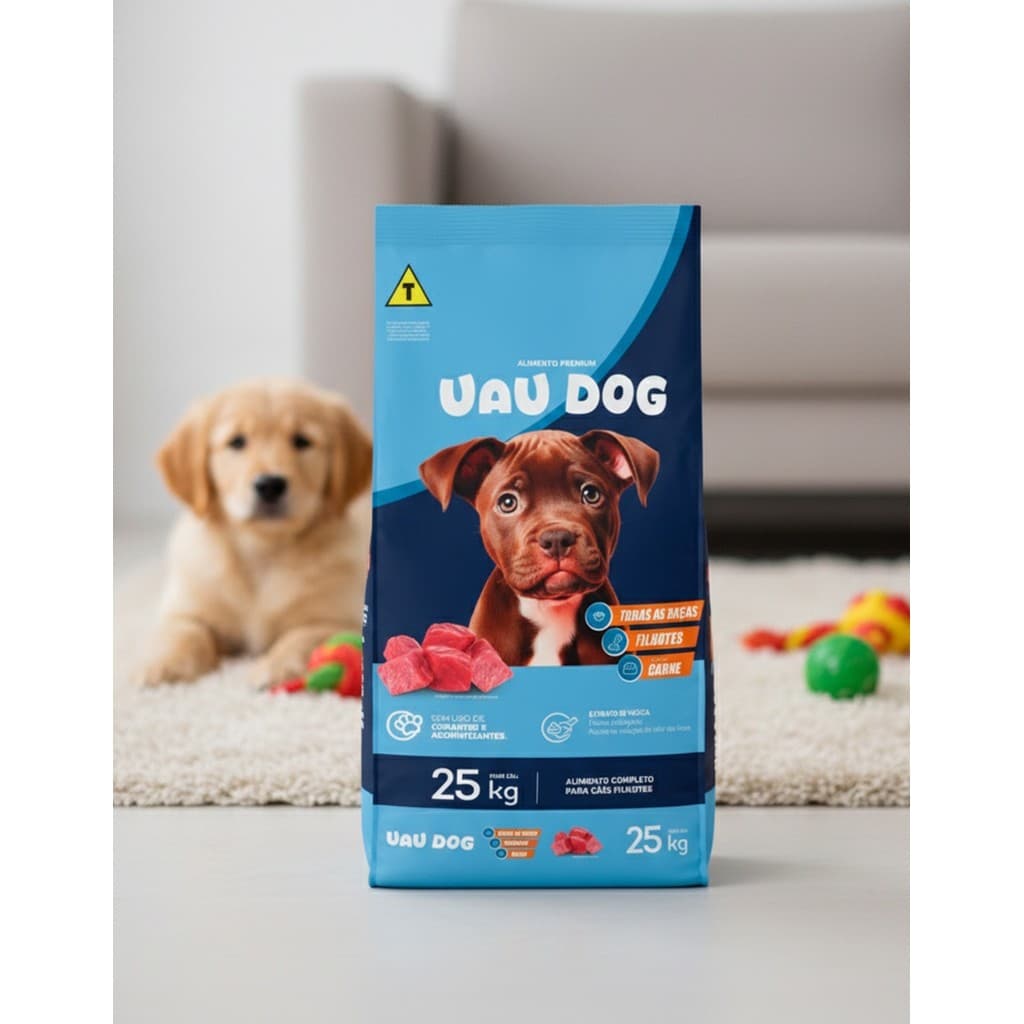 Ração Cachorro Uau Dog Filhote Carne 25kg Cães Todas Raças Sem Corante Yucca Omega 3 6