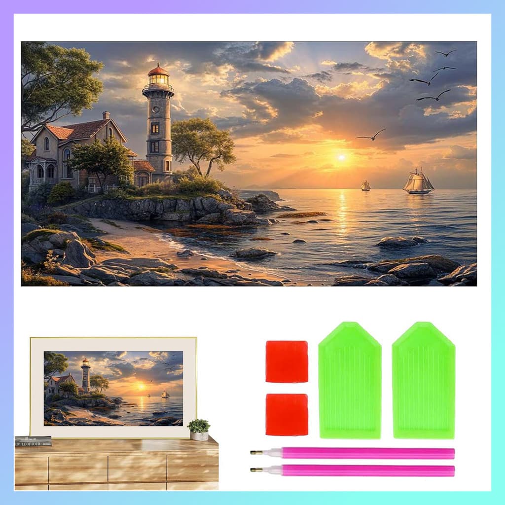 70x40cm crianças redondo diamante pintura farol conjunto, adulto 5D diamante arte pintura DIY