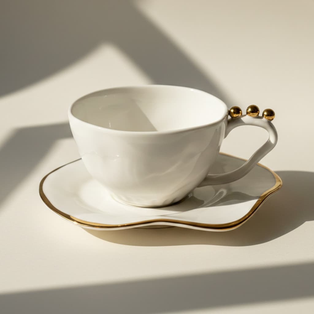 Conjunto de 6 Xícaras e Pires em Porcelana Branca com Detalhe Esferas Douradas Organico 200ml Café Chá Luxo Premium