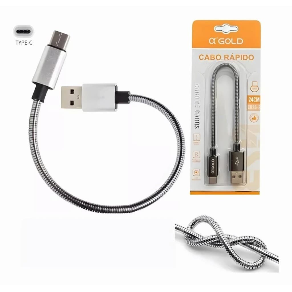 Cabo de Dados Curto Tipo-C A'Gold CB25-3 24cm Carga Rápida 2.1A para Power Bank e Transferência de Dados
