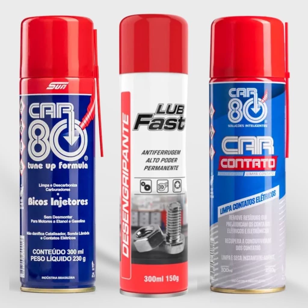 Kit Limpeza de Carro Spray Anti Ruido Desengripante Descarbonizante Limpa Bicos e Limpa Contato