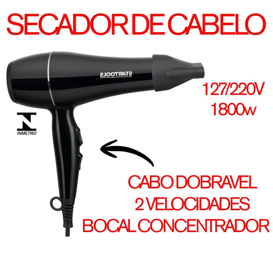 Secador De Cabelo Profissional Startools 1800W 2 Velocidades Cabo Dobrável