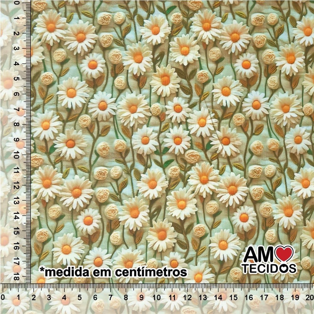 Tecido Tricoline 100% Algodão Estampa Margaridas Digital 3D 50x150cm Patchwork Laços Artesanato