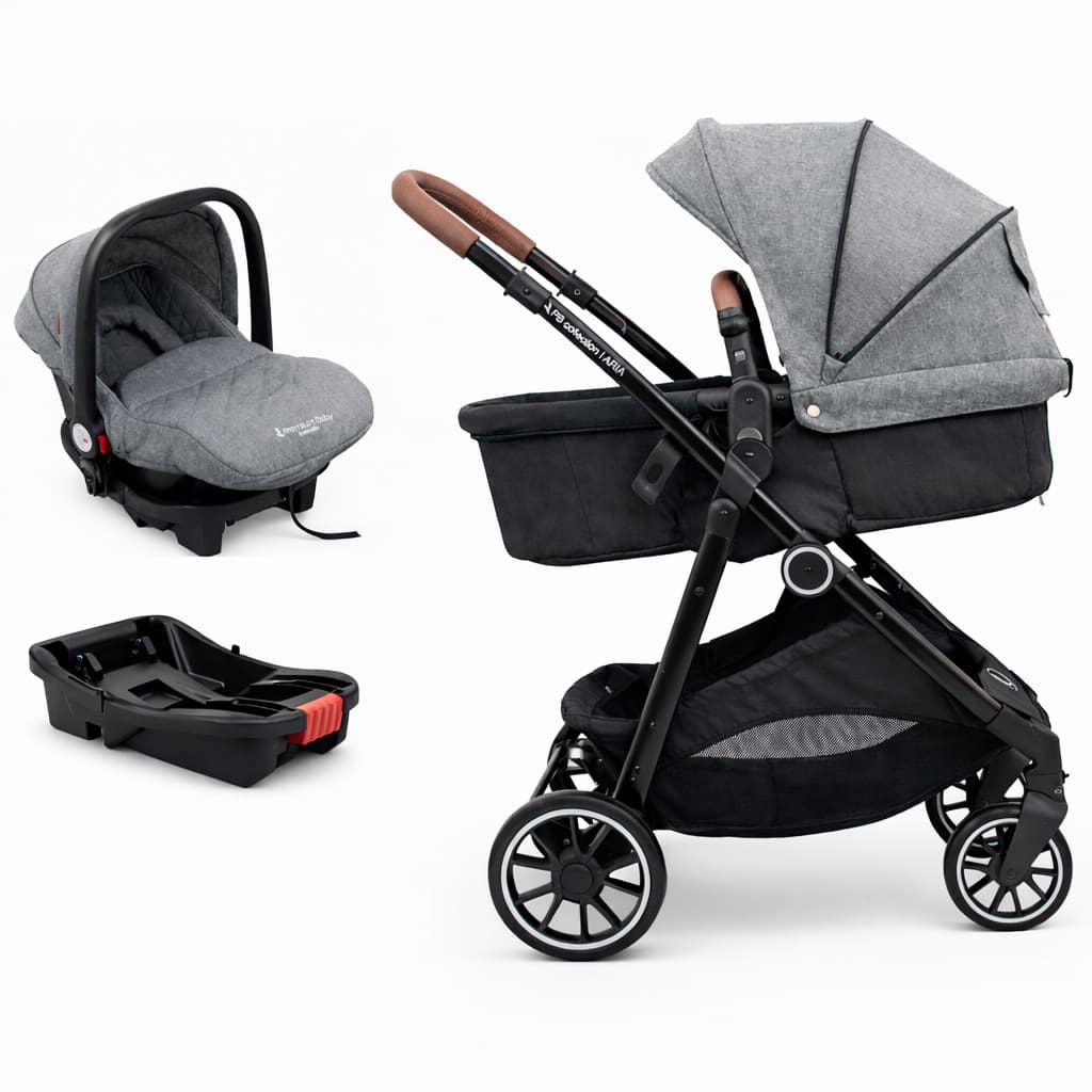 Carrinho de Bebê Aria Travel System Cinza C/ Bebê Conforto E Base Premium Baby