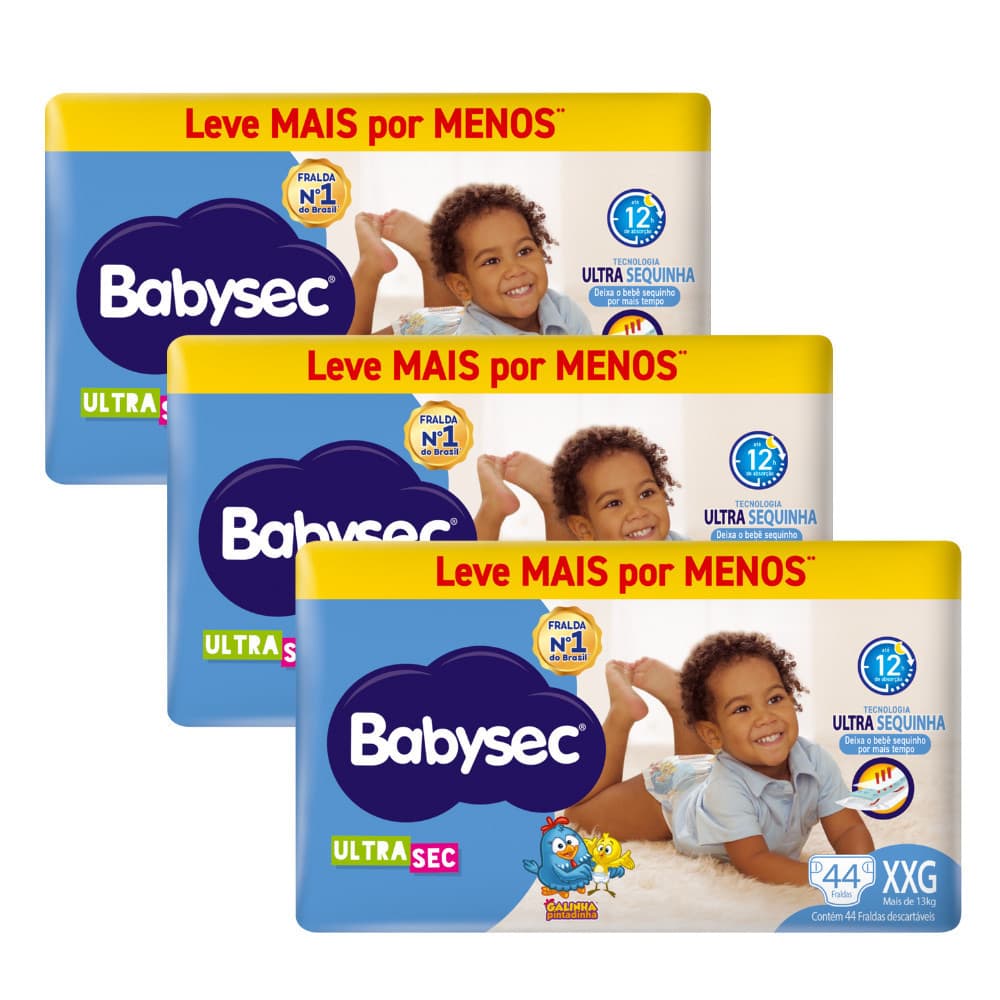 Kit Econômico 3x Fralda Infantil BabySec Hiper XXG c/ 44 uni- Ultrasec Galinha Pintadinha Super Absorção