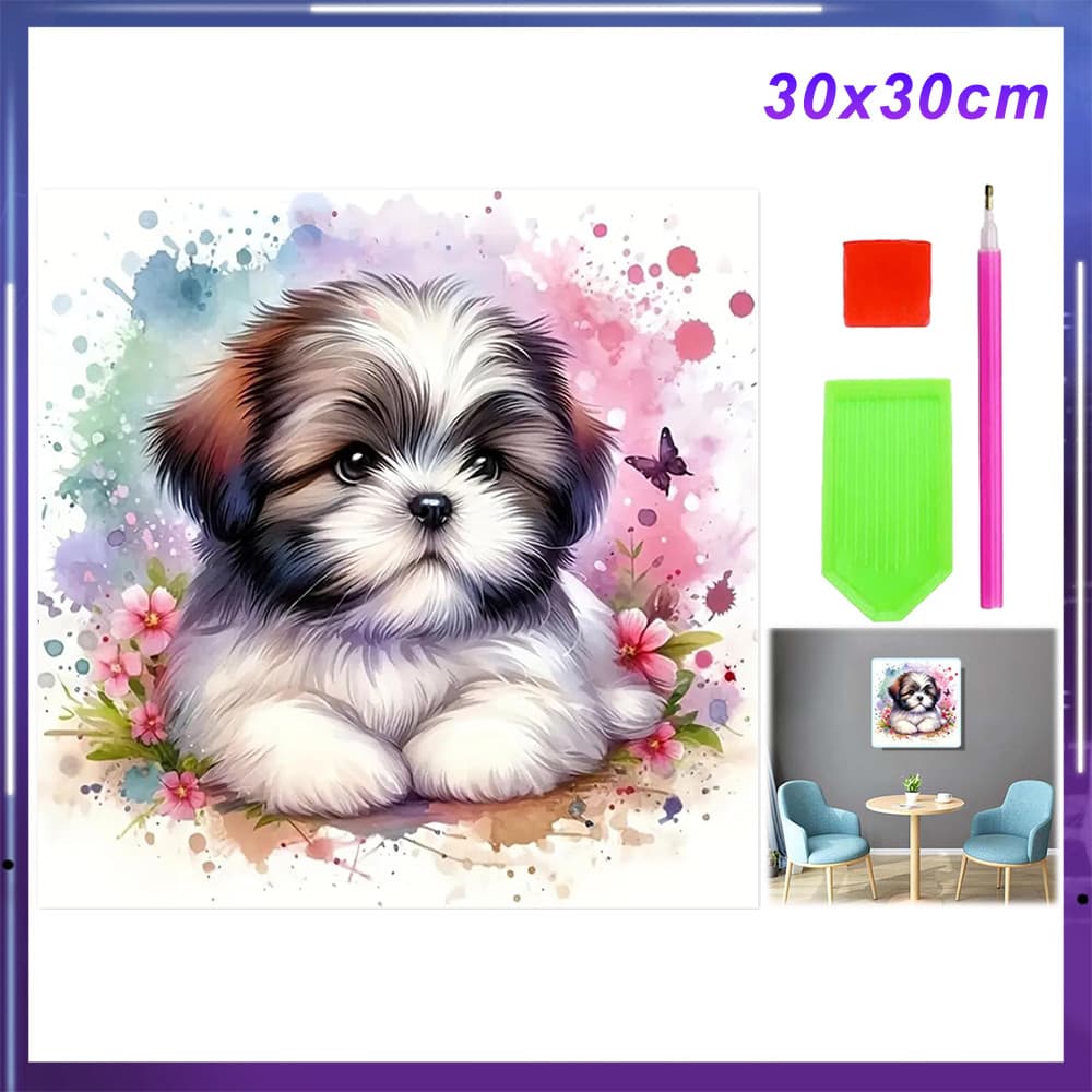 Kit de Pintura de Diamante 5D Quadrada 30x30cm para Adultos, Arte Relaxante e Decorativa,Cão fofo