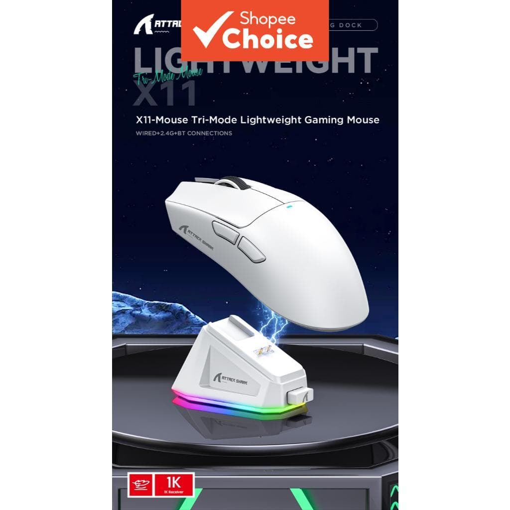  Mouse Gamer Sem Fio Attack Shark X11 Modo Triplo 2.4G BT5.0 22000DPI RGB Recarregável PC桌上清洁竞技专业电竞装备