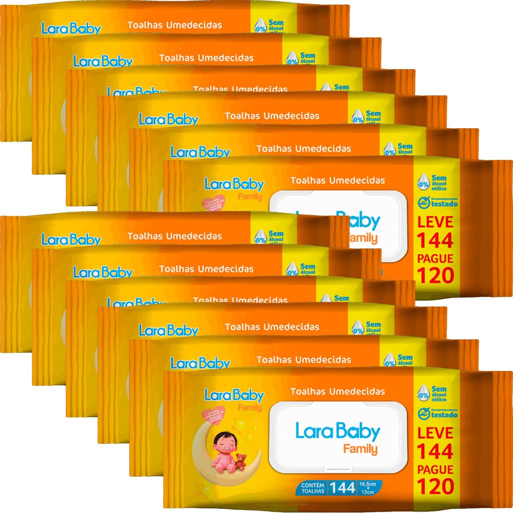 Kit C/16 Toalha Umedecida Lara Baby Family 144 Unidades Total 2304