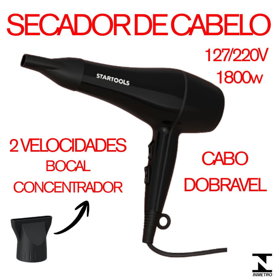 Secador De Cabelo Profissional Startools Dobrável 1800W com 2 Níveis de Velocidade