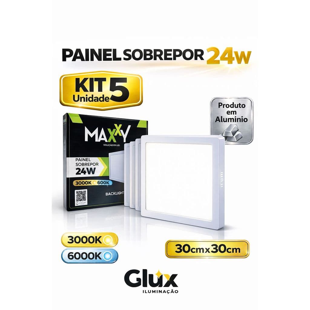 Kit 5 Painel Plafon Sobrepor Led 24w Quadrado 6500K /3000K ALUMINIO Luminaria Led