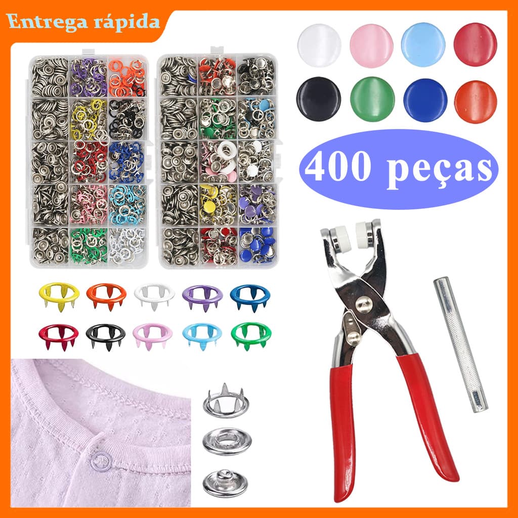 Kit completo 1600 peças botões 10 mm metálicos, com alicate, reposição para roupas