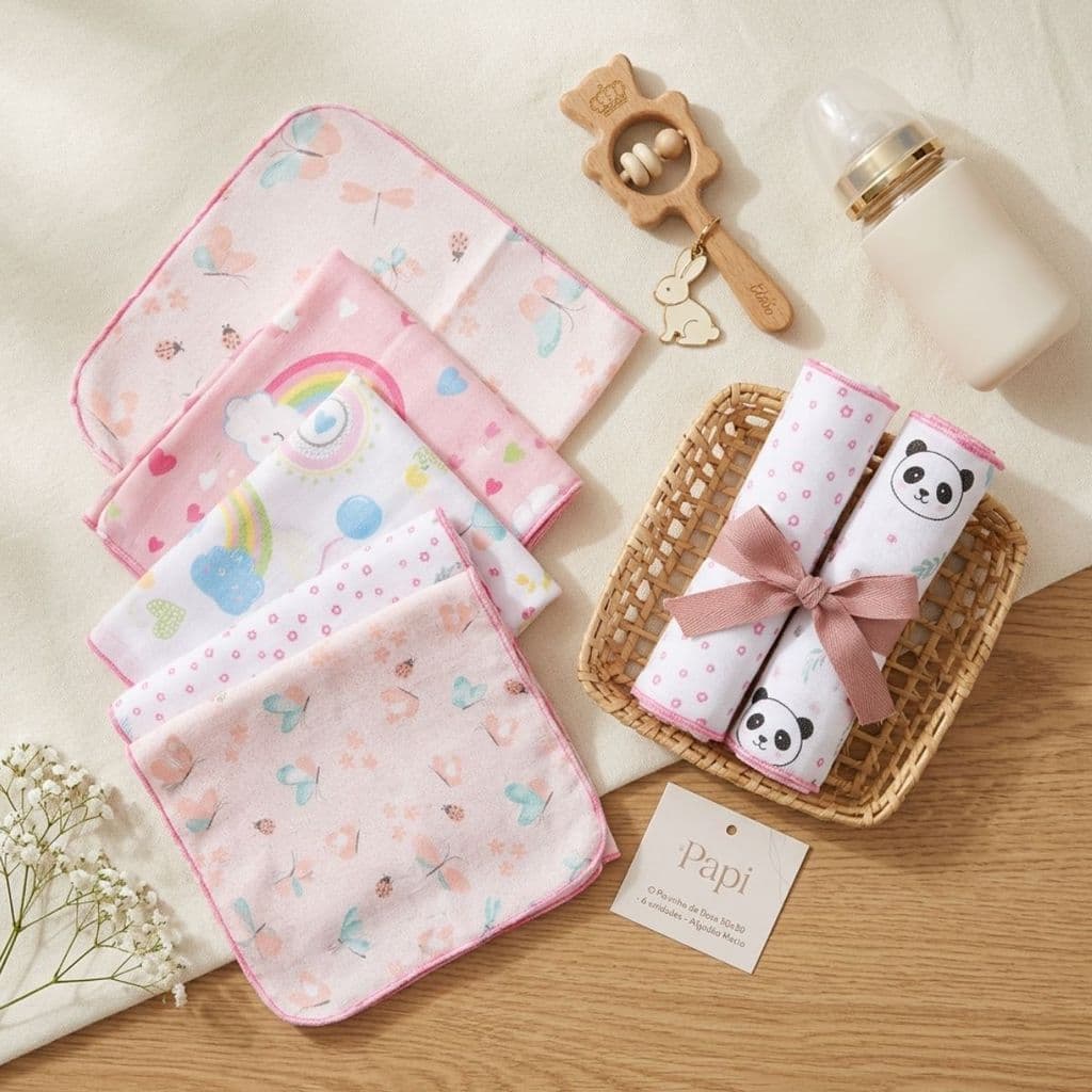 Kit 6 Paninhos de Boca Papi Karinho 30x30cm Fraldinha de Algodão Enxoval Bebê