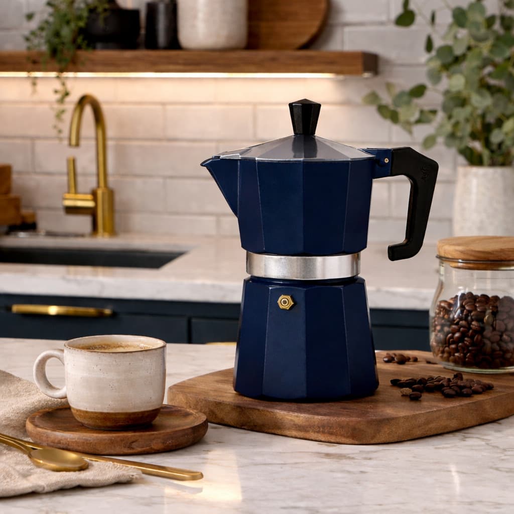 Cafeteira Italiana Moka Alumínio Azul 6 Xícara Café Expresso Fogão Cozinha