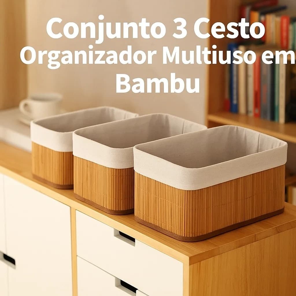 Conjunto Cestos Bambu Natural Organizadores Decoração Casa Closet Banheiro Armazenamento Resistente