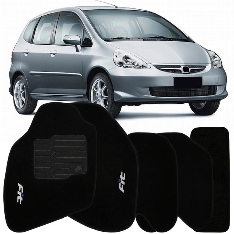 Tapete Carpete Fit 2004 à 2008 Preto Logo Bordado Jogo 5 Peças Personalizado Automotivo