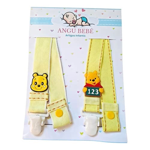 Kit 2 Prendedor Chupeta Ursinho Amarelo Maternidade Acessório Infantil Bico Clipe Bebê Angu Bebê 
