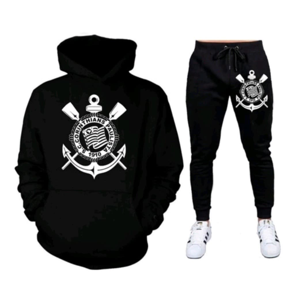 Conjunto Moletom Flanelado  Alta Qualidade Pronta Entrega Torcedor Futebol Timão Kit Blusa e Calça Moletom