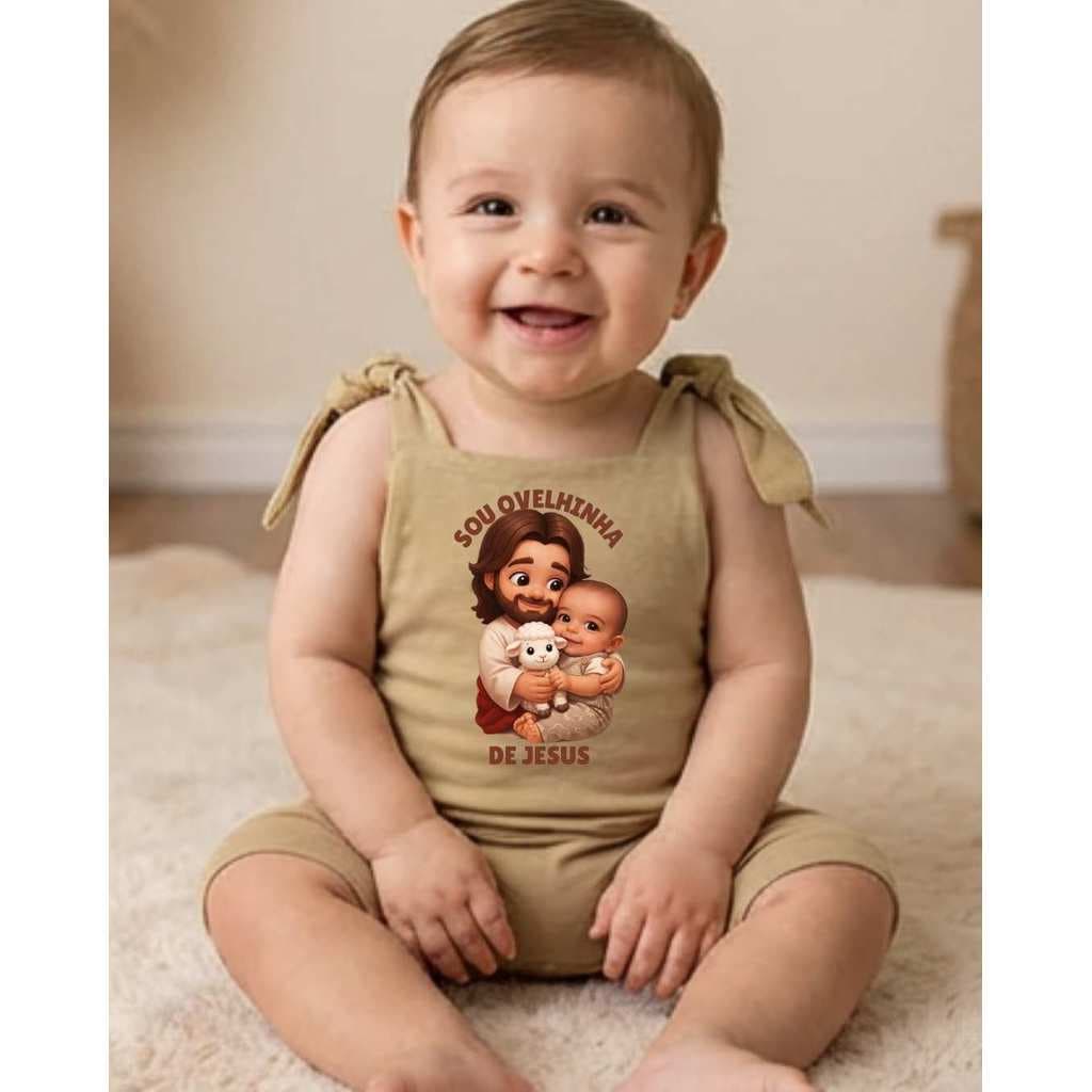 Roupa de Bebê Romper Jardineira Ajustável Bebê Menino Menina | 100% Algodão Frases Fé Ovelhinha de Jesus