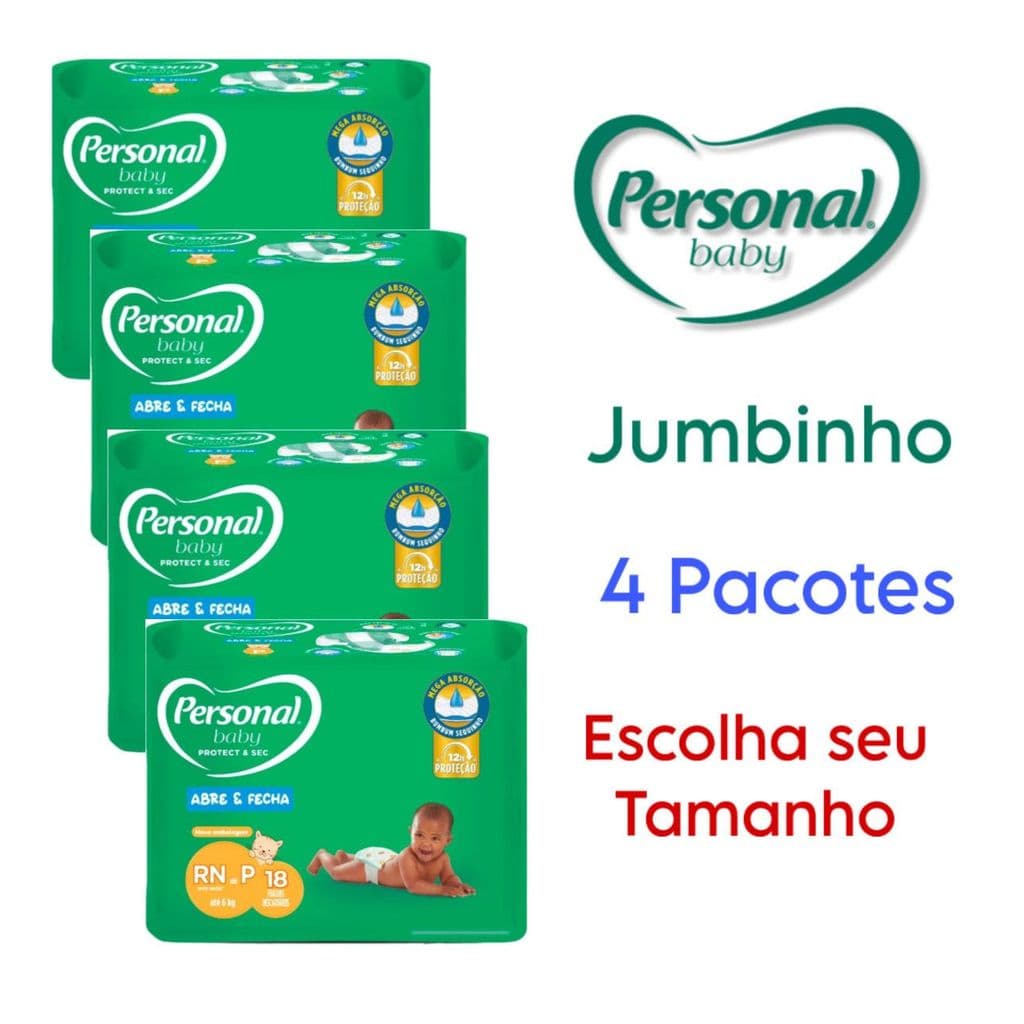 Kit 4 Pacotes Fralda Descartável Personal Baby Jumbinho RN a P,M,G,XG,XXG