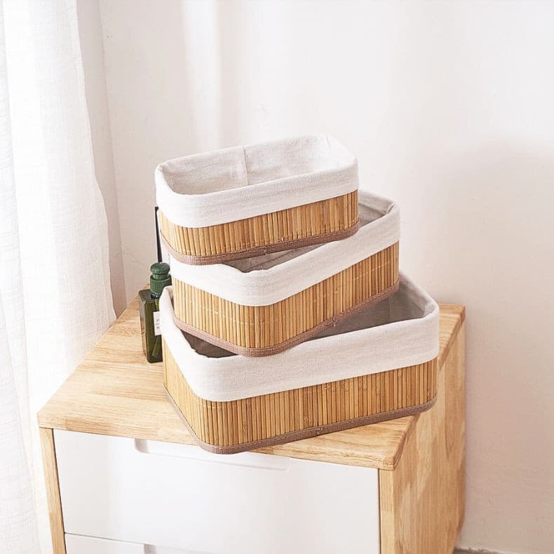 Kit Cestos Bambu 3 Peças Organizador Banheiro Lavanderia Roupas Toalhas Decoração Top
