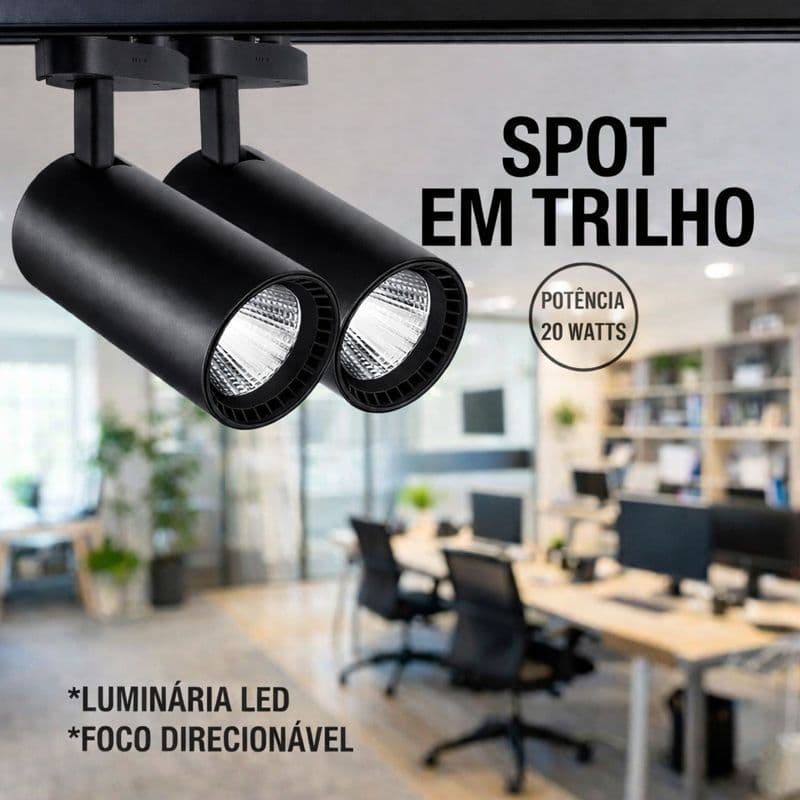 Kit 2 Spot LED Luminária Trilho 20W Preto Eletrificado Bivolt Direcionável Luz Quente Alta Iluminação Quarto Cozinha