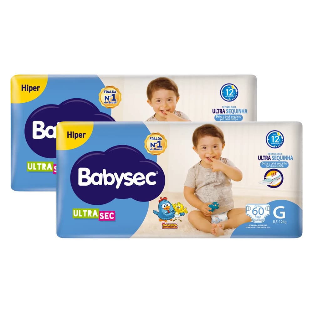 Pack 2x Fralda BabySec Ultrasec Hiper G 60un Galinha Pintadinha – Barreiras antivazamento